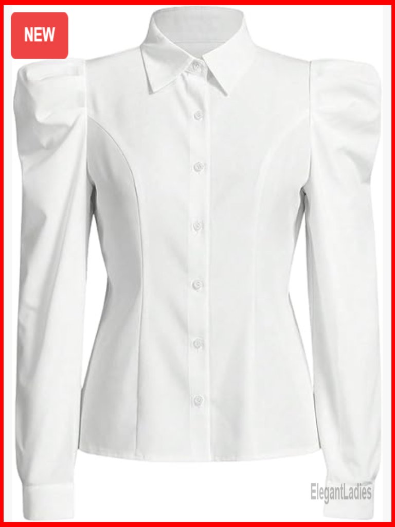 Elegant Puff Long Sleeve Collared Button Down Blouse Top Dressy Work Shirt